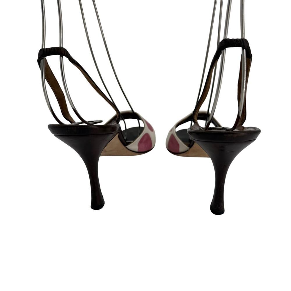 Vintage Manolo Blahnik Polka Dot Slingback Heels Canvas Brown Pink 38.5 Pinup - Picture 6 of 13